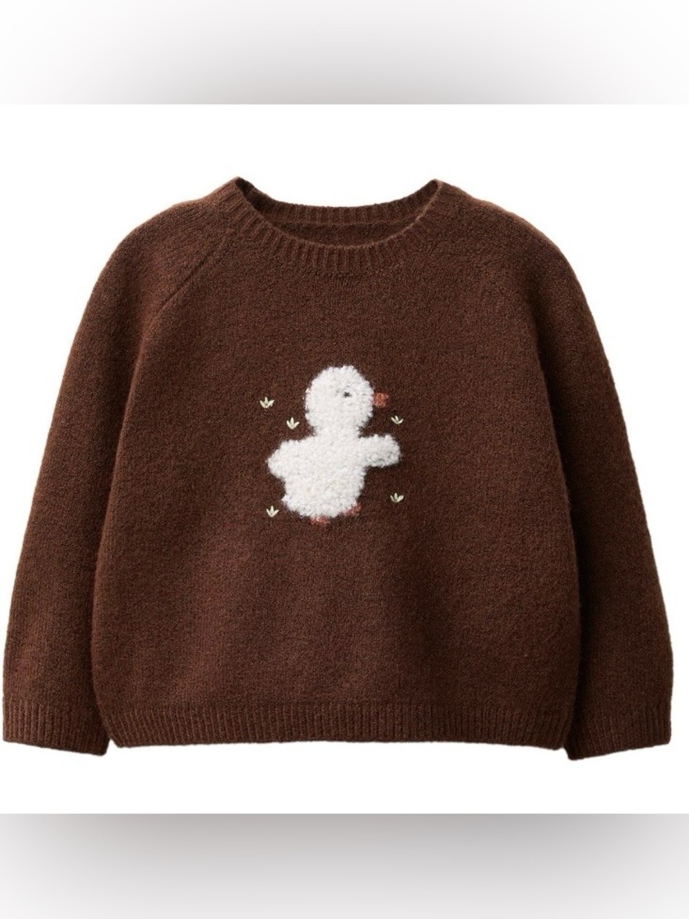 Zara Brown Crewneck Sweater with White Fuzzy Duck Motif